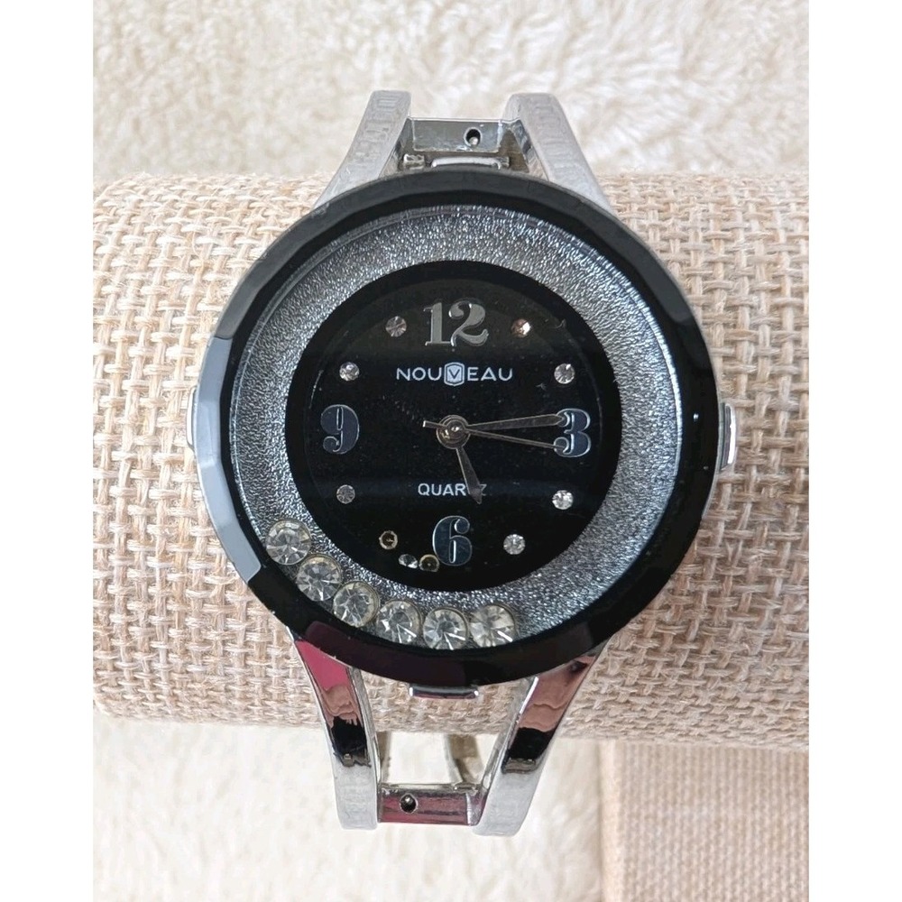 Nouveau‎ Silver-Tone Bangle Quartz Watch Black Glitter Dial Rhinestone Accents –